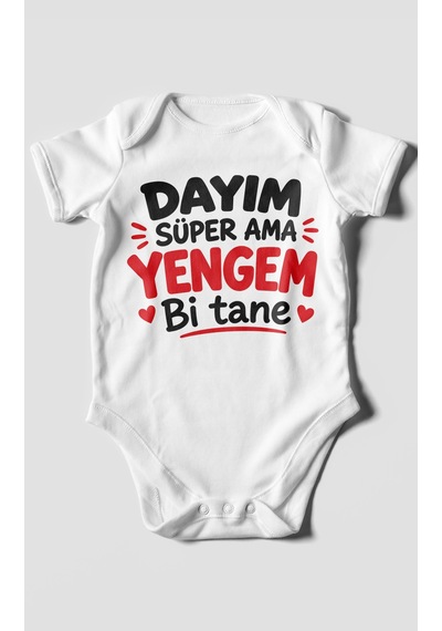 Morivokids Dayım Süper Ama Yengem Bi Tane Kısa Kollu Bebek Body %100 Pamuk Beyaz