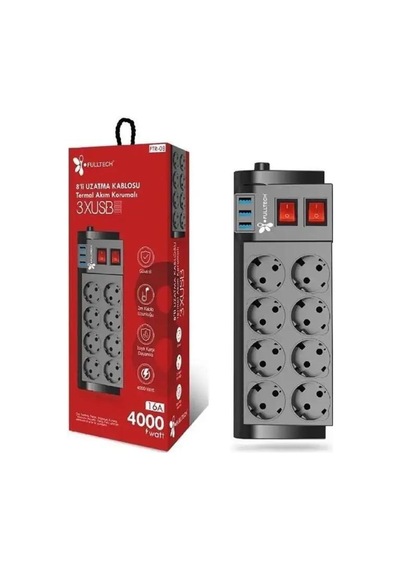 Termal Akım Korumalı 8li Uzatma Kablosu 3xusb 2 Mt 16 Amper