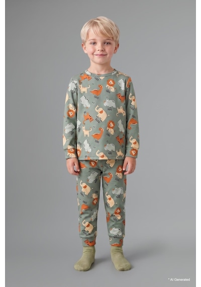 Defacto Baskılı Uzun Kollu Üst Lastikli Paça Alt 2li Pijama Takımı Erkek Bebek I1436a526augn1107 Yeşil-gn1107