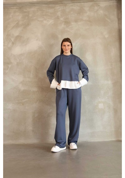 Evoa Kadın Mavi Oversize Gömlek Ve Biye Detaylı İkili Takım İndigo
