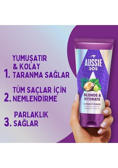 Aussie Sos Blonde & Hydrate Açık Renk Boyalı, Röfleli Ve Gri Saçlar İçin Saç Kremi 350ml 07103319