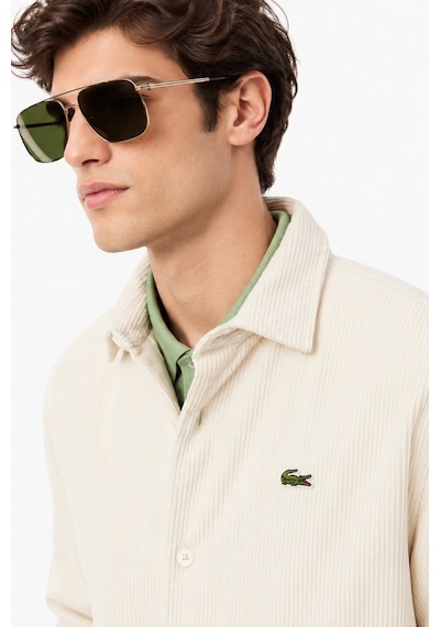 Lacoste Men's Relaxed Fit Button-down Linen Shirt Rahat Kesim Kadife Erkek Dış Gömlek Krem