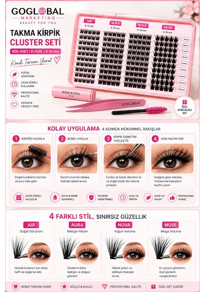 4 Farklı Stil Cluster Takma Kirpik Seti D Curl 9-16 Mm Mix Aır Aura Nova Muse Bond & Seal Cımbız Fır