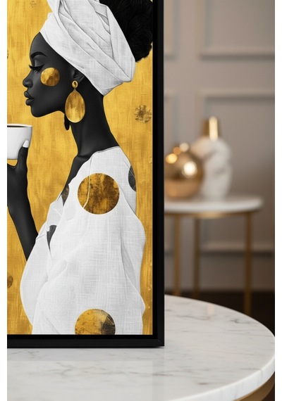 Afrikalı Kadın Kahve Temalı Dekoratif Duvar Tablosu 25x60 Cm Siyah Çerçeveli Modern Dikey Tablo
