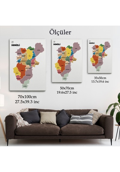 Denizli İli Ve İlçeler Haritası Dekoratif Kanvas Tablo 1319 150 X 85