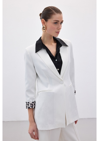 Sateen Mono Yaka Klasik Ceket - Ekru-siyah-136607 Ekru - Siyah