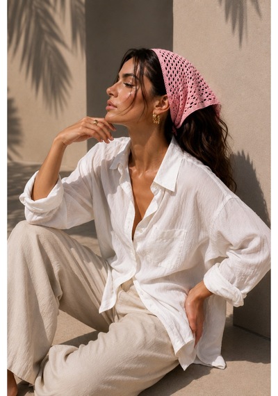 My Vintage Kadın File Örgü Bandana Yazlık Delikli Triko Saç Bandanası Plaj Uyumlu Pembe