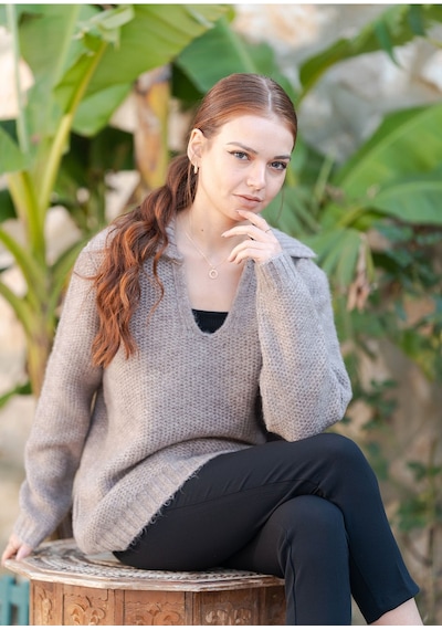 Gömlek Yaka Oversize Basic Kazak Vizon