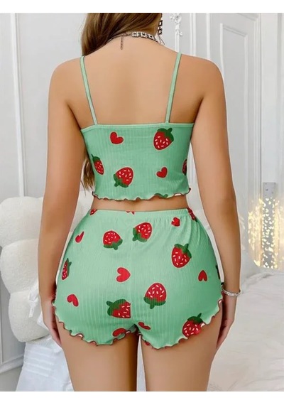Atyticaret Kadın Pamuklu Yeşil Üstüne Çilek Desen Fitilli Askılı Şortlu Pijama Takımı