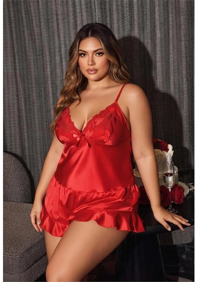 Go İthalat Kadın Kırmızı Büyük Beden Göğsü Fransız Dantelli Fiyonklu Paçası Fırfırlı Askılı Parlak Saten Şortlu Pijama Takımı