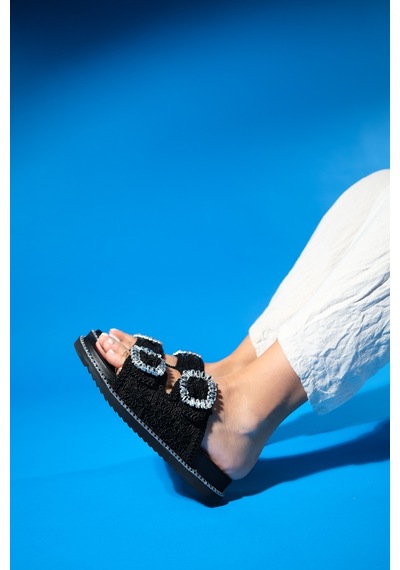 Luvishoes Dungeon Siyah Örme Çift Bantlı Taş Tokalı Kadın Terlik Siyah