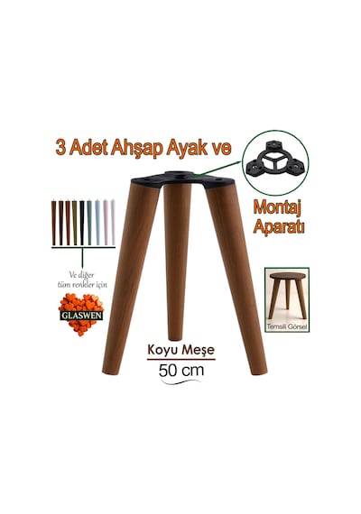 3 Adet Ahşap Ayak 50 Cm Koyu Meşe M8 Civatalı Bağlantı Aparatlı Mobilya Tabure Sehpa Masa Destek Ayağı Koyu Meşe