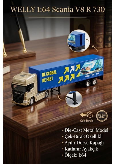 Welly 1:64 Scania V8 R 730 Metal Çek Bırak Oyuncak Tır Transporter Lisanslı