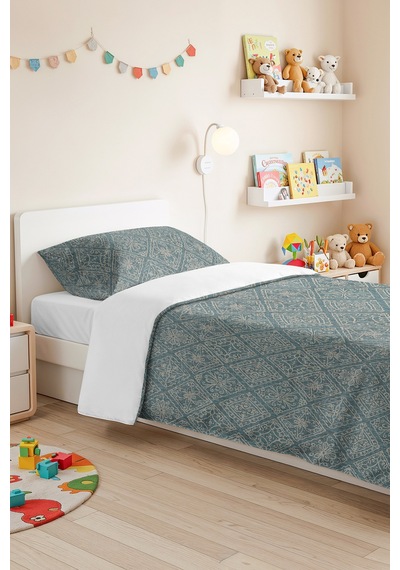 Mavi Etnik Geometrik Tek Kişilik Pike Takımı - Bohem Turkuaz Beyaz 160x220 Cm Mevsimlik Yatak Örtüsü Mat Yosun Serinliği