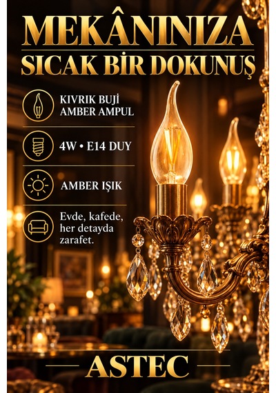 Astec E14 Kıvrık Buji Amber Ampul 4 Watt Amber Işık Dekoratif Filament Led