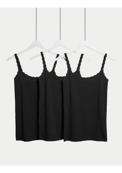 Marks & Spencer 3'lü Pamuklu Dantel Kenarlı Atlet T32004536 Siyah