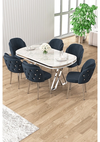 Canisa Zae Serisi 90x168 Lak Panel Beyaz Mermer Desen Krom Ayak Masa Takımı 6 Antrasit Sandalye Siyah Mermer Desen Masa Sandalyeler Siyah Canisa Zae Serisi 90x168 Lak Panel Beyaz Mermer Desen Krom Ayak Masa Takımı 6 Antrasit Sandalye Siyah Mermer Desen Masa Sandalyeler Siyah