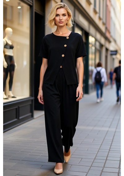 Ersefa İkili Takım Kısa Kollu Asimetrik Kesim Düğmeli Bürümcük Bluz Bol siyah