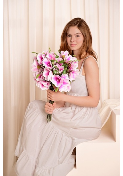 Pembe Yapay Manolya Çiçeği 3 Dallı Premium Canlı Islak Dokulu 52 Cm