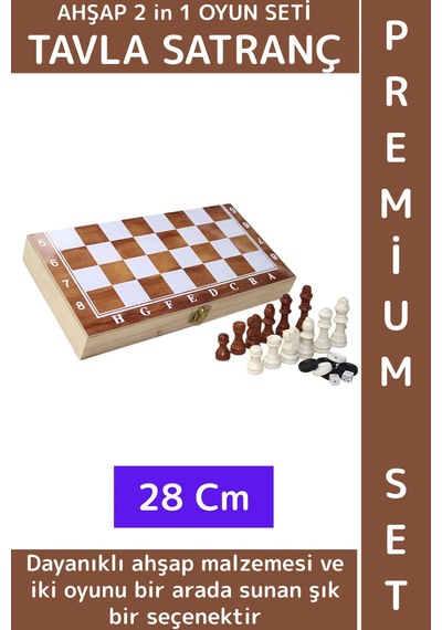 Özel Üretim Arkadaş Oyun Hediyelik Ahşap Kutulu Tavla Dama Satranç Kompakt Premium Oyun Seti 28 Cm