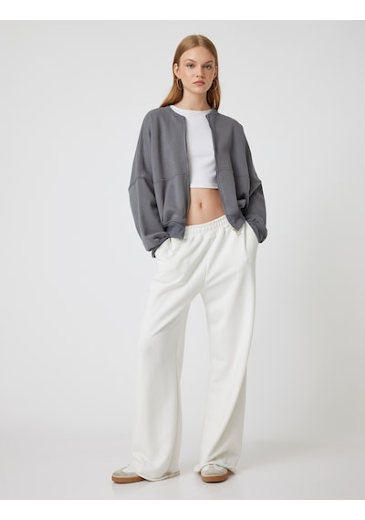 Koton Oversize Fermuarlı Sweatshirt Dikiş Detaylı Bisiklet Yaka Gri 5wal10014ık Gri