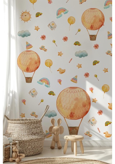 Eğlenceli Balonlar Ve Figürler Çocuk Bebek Odası Duvar Cam Sticker Seti, Balon Çiçekler Gökkuşakları Dijital Baskı