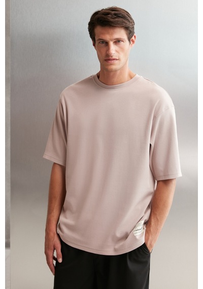 Grimelange Joel Erkek %100 Organik Pamuklu Kalın Kumaşlı Özel Dokulu Etiket Detaylı Oversize Pembe T Pembe