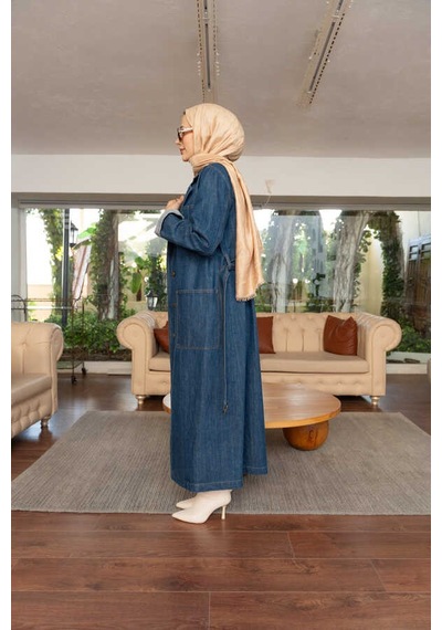 Neways 6655-kuşaklı Denim Ceket Koyu Mavi Koyu Mavi