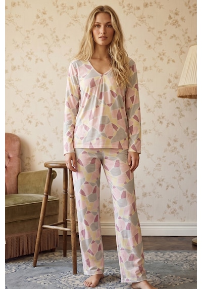 Siyah İnci Desenli V Yaka Viskon Örme Pijama Takım 26224671 Çok Renkli Siyah İnci Desenli V Yaka Viskon Örme Pijama Takım 26224671 Çok Renkli