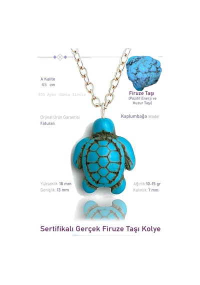 Erilsa Sertifikalı Kaplumbağa Model Gerçek Firuze Taşı Kolye - Mini Boy Çok Renkli