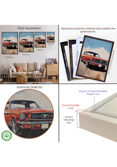 Ahşap Çerçeveli Kırmızı Mustang Tablo-7971