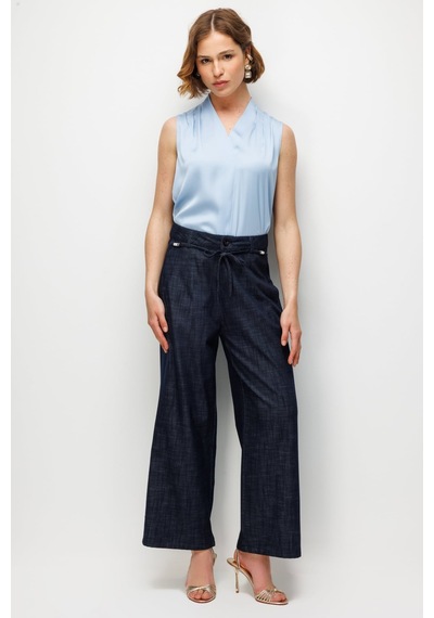 Ekol Kadın Beli Süs Kemerli Bol Paça Pantolon 4934 Indigo