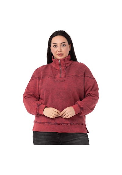 Büyük Beden Pis Dikişli Fermuarlı Yırtmaçlı Parça Boyalı Bordo Sweatshirt-bordo Bordo