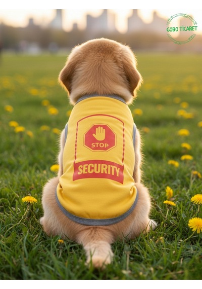 Sarı Stop Security Güvenlik Baskılı Kedi Ve Köpek Kıyafeti Tişörtü Elbisesi Medium/m/beden 2
