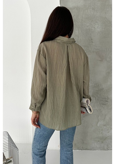 Sim Detaylı Kırışık Görünüm Oversize Gömlek Breeze haki