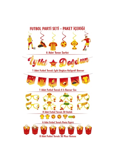 Sarı Kırmızı Futbol Temalı Doğum Günü Parti Seti İyi Ki Doğdun Banner, Tavan Sarkıt, Gözlük, Pasta Süsü Ve Mısır Kutusu