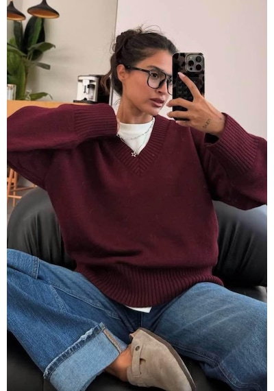Madmext Koyu Bordo V Yaka Oversize Kadın Triko Kazak Mg2149 Koyu Bordo