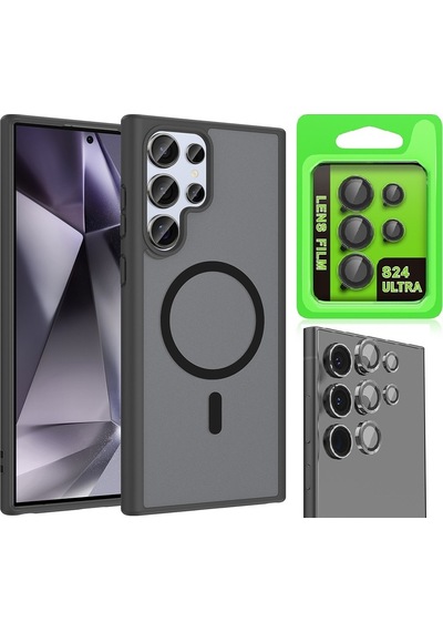 Vendas Samsung Galaxy Uyumlu  S24 Ultra Kılıf M-safe Şarj Özellikli Zore Babet Kapak + Kamera Lens Koruyucu Siyah
