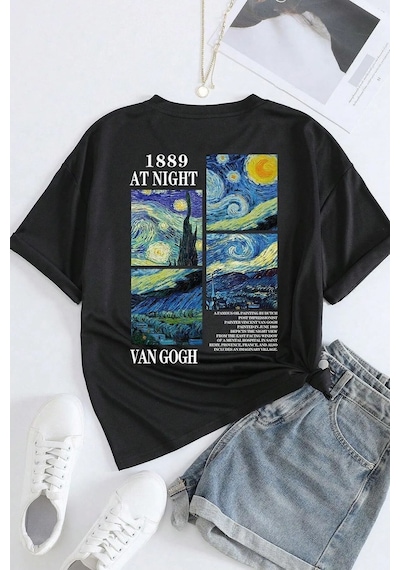 Unisex Van Gogh Yıldızlı Gece Sırt Baskılı Oversize T-shirt SIYAH