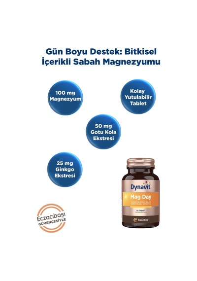 Dynavit Mag Day 30 Tablet - Sabah/gündüz Magnezyum - Magnezyum Sitrat&malat, Gotu Kola, Ginkgo Biloba,b6 Vit