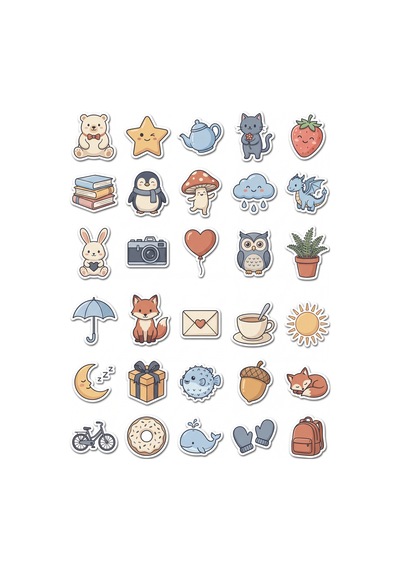 30 Adet Pastel Sevimli Karakter Sticker Seti - Ajanda Laptop Defter İçin Çok Renkli