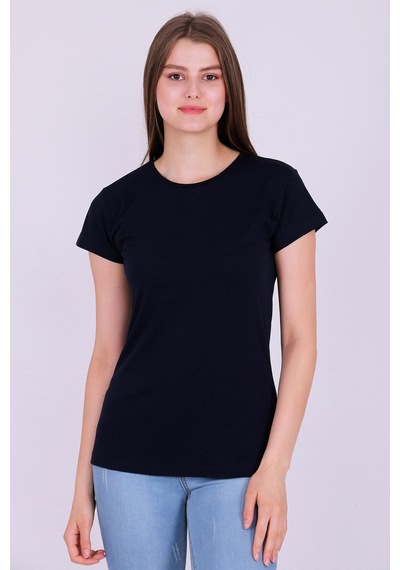 Bisiklet Yaka %100 Pamuk Basic Baskısız Kadın Örme Kısa Kollu Tshirt 001 Lacivert Renk