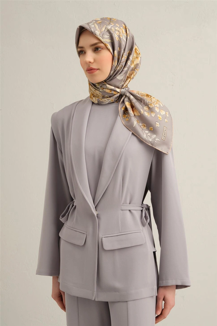 Armine Çiçek Desenli Saf İpek Twill Eşarp 9347d 52 Gri
