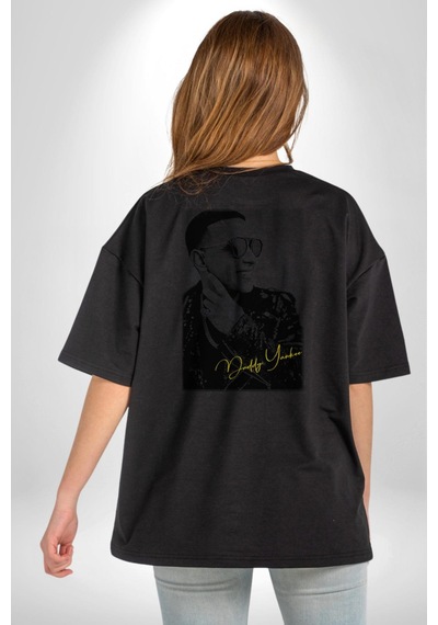 Daddy Yankee Müzik Star Pamuklu Unisex Oversize Sırt Dijital Baskılı Siyah T-shirt Siyah