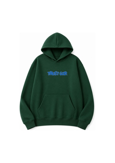 Herkesemoda Trust God Baskılı Kanguru Cepli Oversize Sweatshirt Yeşil