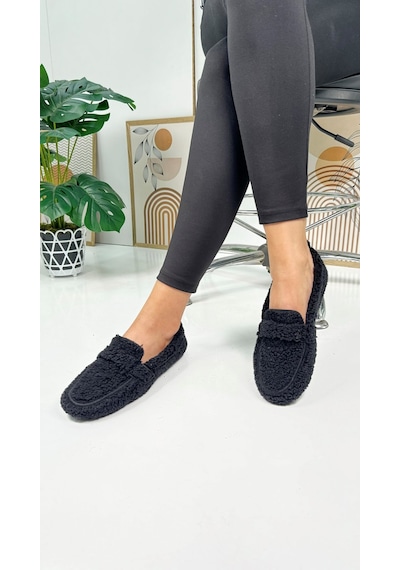 Günlük Kadın Loafer Peluş Astarlı Oval Burunlu Alçak Desenli Tabanlı Ayakkabı 375 Siyah