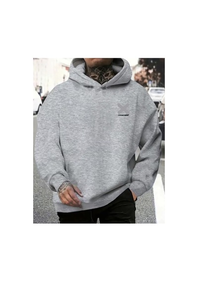 Herkesemoda Göğüs Baskı Detaylı Kapüşonlu Sweatshırt Gri