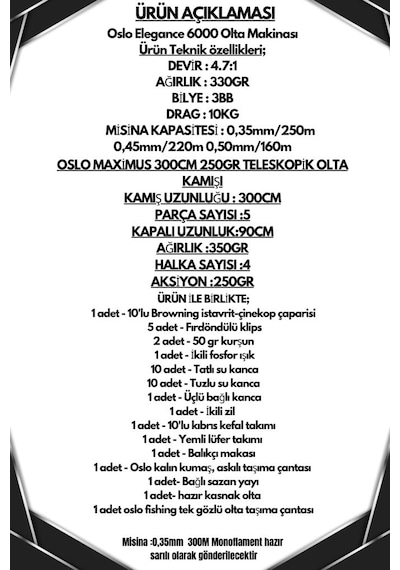 Oslo Elegance 6000 Oslo Maxımus 300cm 250gr Göl Ve Deniz Olta Seti Standart
