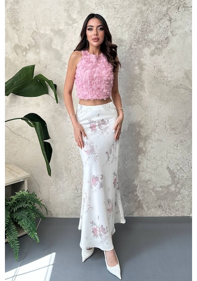 Alemdarshop Ekru Saten Soft Çiçekli Etek