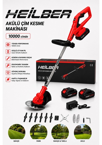 Heilber Ba011529 Akülü Çim Biçme Makinesi 21v 10000 Devir 2 Bataryalı 1 Şarjlı Ot Çim Kesme Makinesi Tester